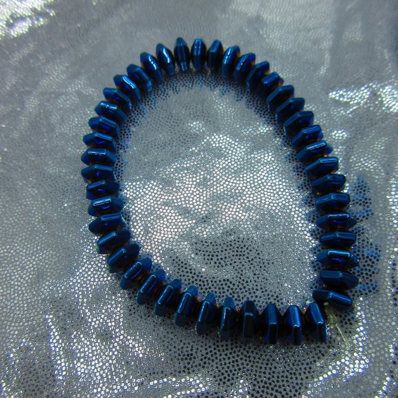 Blue Titanium Hematite 8mm Rondelle 7" Stretchy Gemstone Bracelet - Picture 2 of 3
